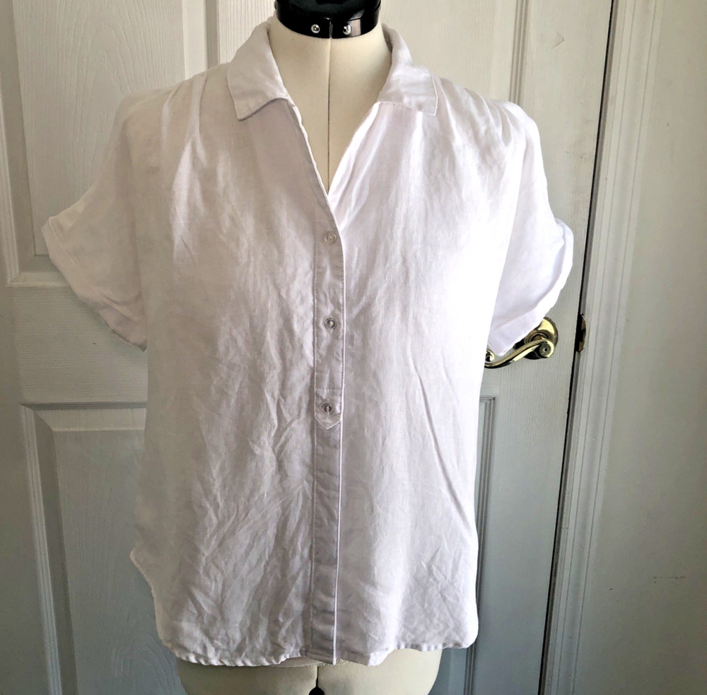 VTG womens 100% Linen Short Sleeve button up camp shirt Coquette coastal beachy